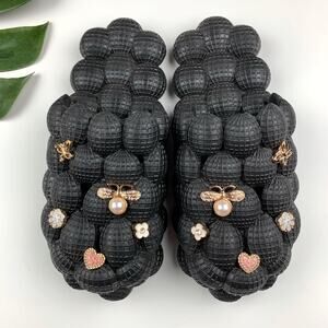 Massage Bubble Slides Black Slip On Sparkly Charms Flowers Butterfly Women's 10